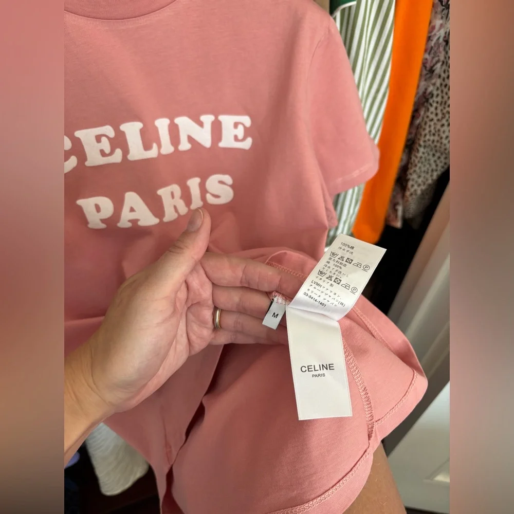 Celine Paris Logo Print Cotton T-Shirt Dust Pink Size Medium Scoop Neck Women’s - Picture 6 of 10